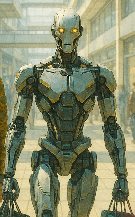 AI render of a JARM.AI humanoid robot carrying shopping bags